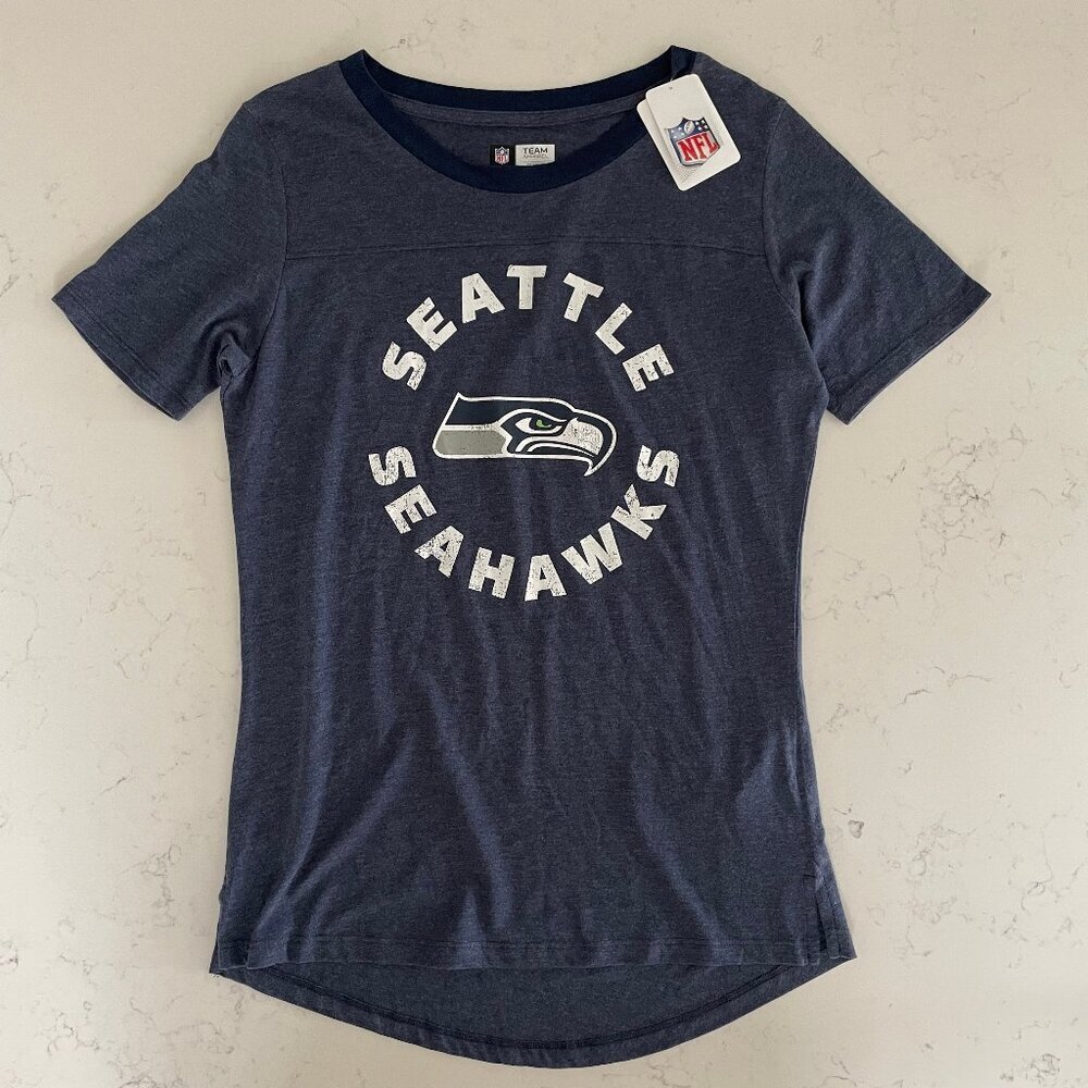 NFL Seattle Seahawks Team Apparel Womens SS Crew Neck T Shirt Blue Wht Sz S NWT